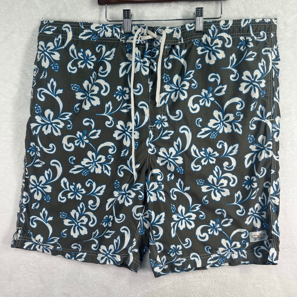 OP Ocean Pacific Board Surf Swim Trunks Mens L Gray Blue Floral Hibiscus